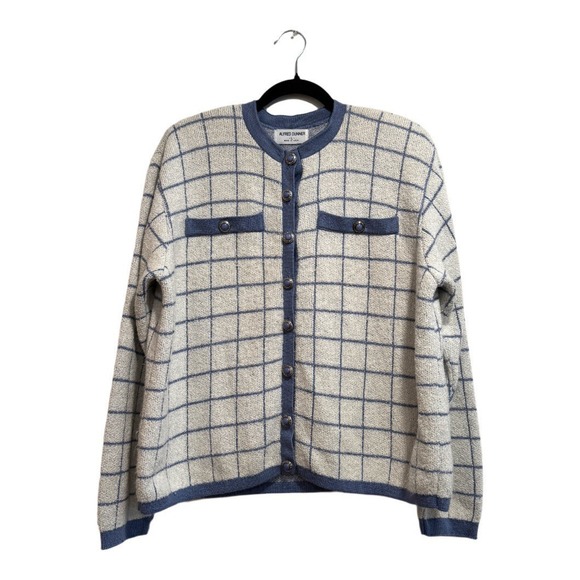 Alfred Dunner Sweaters - VTG! Alfred Dunner Blue White‎ Plaid Preppy Button Up Knit Cardigan L USA 80s